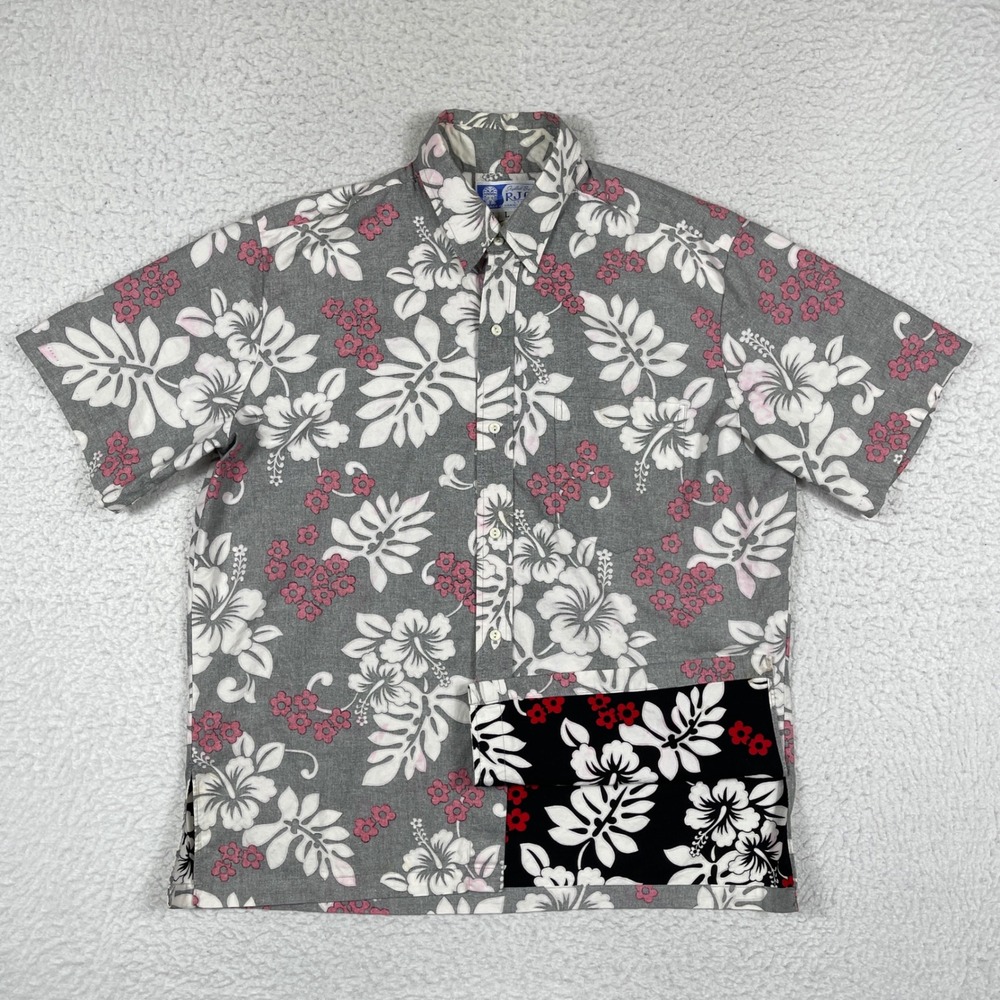 RJC Hawaiian Shirt Mens Large Grey Pink Floral Hibiscus Aloha Reverse Print VTG